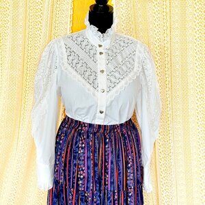 Vintage Landhaus White Lace Victorian Puffy Sleeve Ruffle Blouse US Size 12